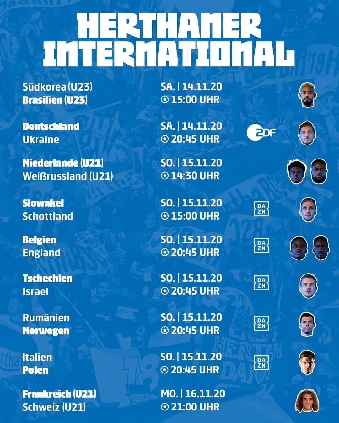 ヘルタ・ベルリンのインスタグラム：「Auch am Wochenende sind wieder einige Herthaner für ihre Nationen aktiv. 🔵⚪️ ➡️ 🇧🇷🇩🇪🇳🇱🇸🇰🇧🇪🇨🇿🇳🇴🇵🇱🇫🇷 Wie gewohnt hier ein Überblick. . . #HerthaInternational #länderspiele #herthaner #HaHoHe #herthabsc」