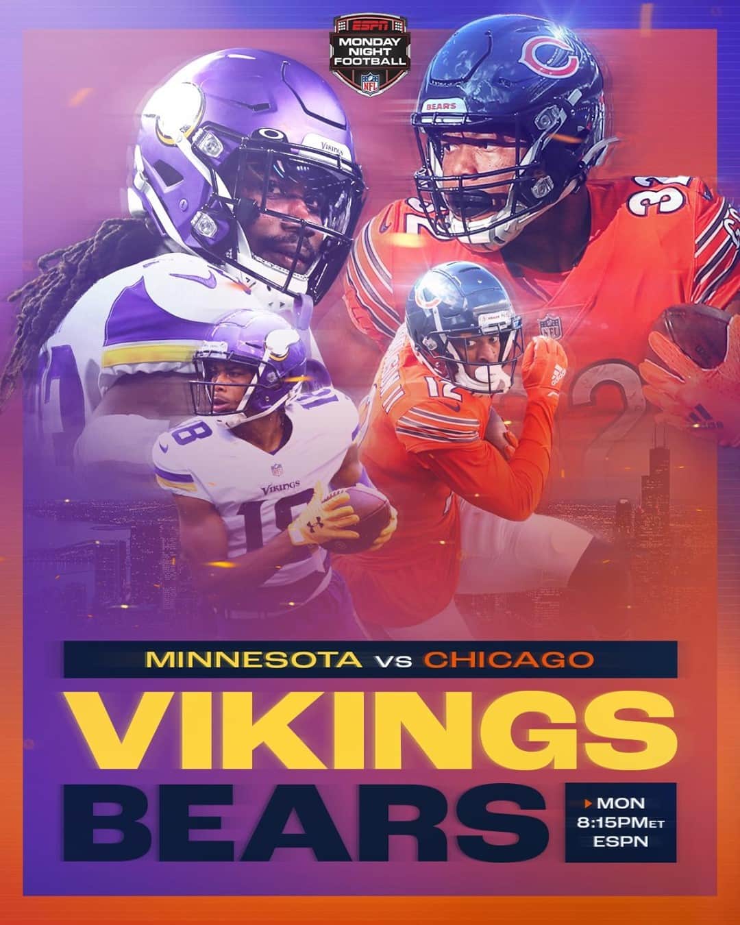 NFLさんのインスタグラム写真 - (NFLInstagram)「@vikings. @chicagobears. Who's taking this NFC North tilt?⁣ ⁣ 📺: #MINvsCHI-- Monday 8:15pm ET on ESPN⁣ 📱: NFL app // Yahoo Sports app」11月14日 21時00分 - nfl