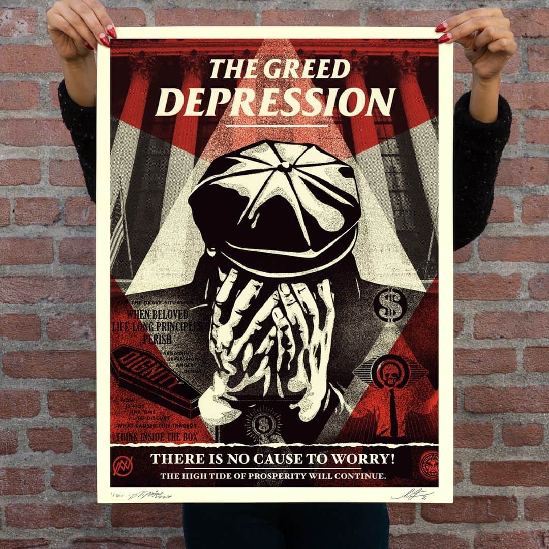 Shepard Faireyのインスタグラム：「NEW PRINT RELEASE: "THE GREED DEPRESSION" AVAILABLE TUESDAY, NOVEMBER 17TH!⁠ ⁠ My friend NoName @better_noname and I collaborated recently on a print inspired by my cover for George Orwell’s “Down and Out in Paris and London” and our mutual irritation with greed and the brutality of many aspects of capitalism. NoName and I are both frustrated by the forces which convince much of the public to fall in line with a system that grinds them (and most of us) in its gears, and contributes to feelings of insecurity. With that in mind, don’t buy this print if you should use the money for something better or nothing at all. Should you think it over and still want a print, your money will support NoName’s public art endeavors and survival within the gears of capitalism… oh, and mine too! We both appreciate the support. NoName wrote about the print in greater depth, so please visit the link in bio to read his full statement!⁠ -Shepard⁠ ⁠ A portion of all proceeds will be donated to the nonprofit association @PositivePropaganda to continue carrying out independent art projects in the future.⁠ Visit www.N-o-N-A-M-E.com and @overratedartinc Overratedart.com where the edition will also be available.⁠ ⁠ The Greed Depression. 18 x 24 inches. Screen print on thick cream Speckletone paper. Signed by Shepard Fairey and NoName. Numbered edition of 300. $80. Available on Tuesday, November 17th @ 10 AM PST at https://store.obeygiant.com/collections/prints. Max order: 1 per customer/household. International customers are responsible for import fees due upon delivery.⁣ Shipping may be delayed due to COVID19. ALL SALES FINAL.」