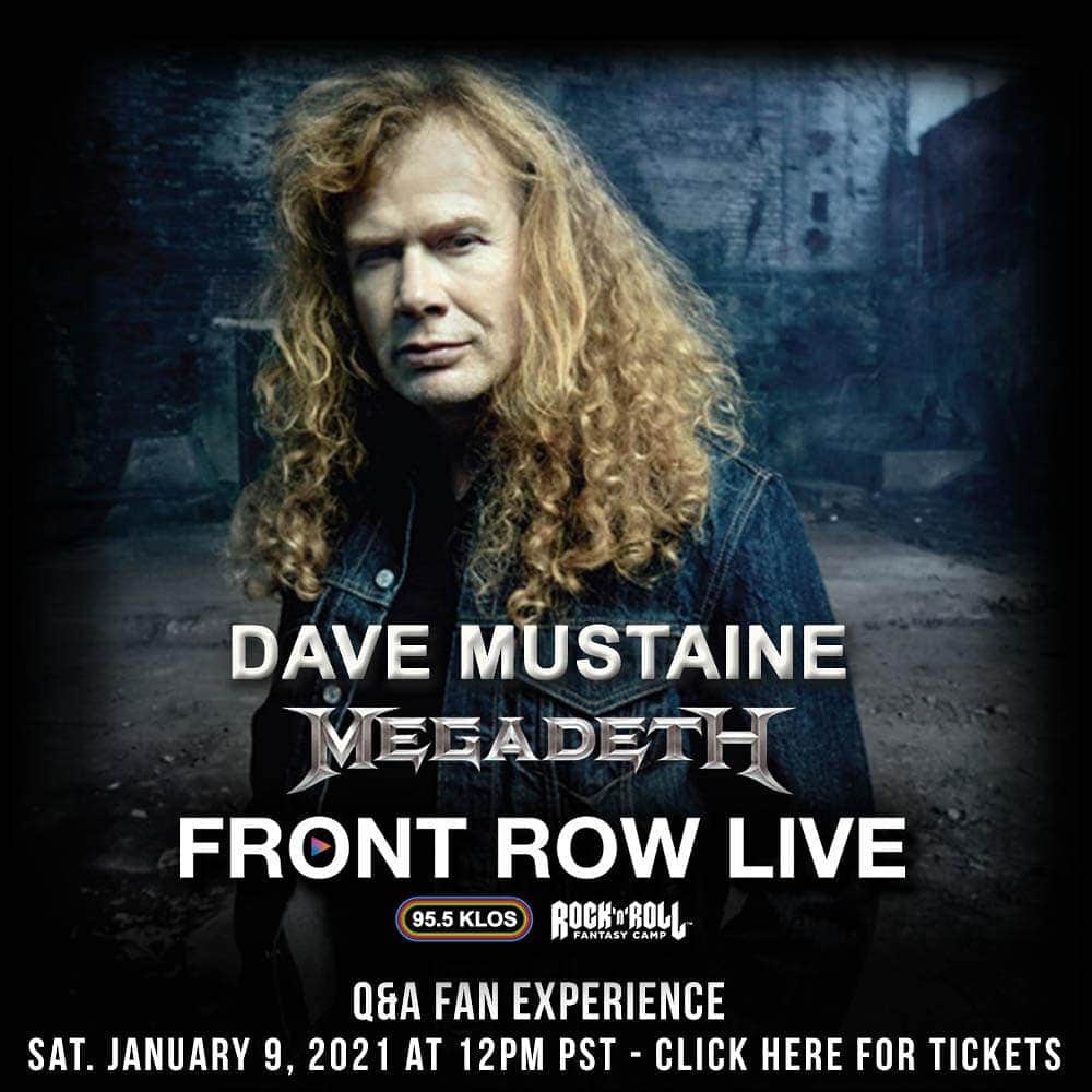 Megadethのインスタグラム：「JUST ANNOUNCED! Join Dave Mustaine for a live online & interactive @rockfantasycamp MASTERCLASS, Saturday, January 9, 2021 at 12pm PT. Chat and INTERACT LIVE with Dave (only 25 spots available), or participate as a viewer in this exclusive online Q&A event!   For tickets and details, go to: bit.ly/3kujYQz (link in bio)   #davemustaine #megadeth #rockcamp #masterclass」