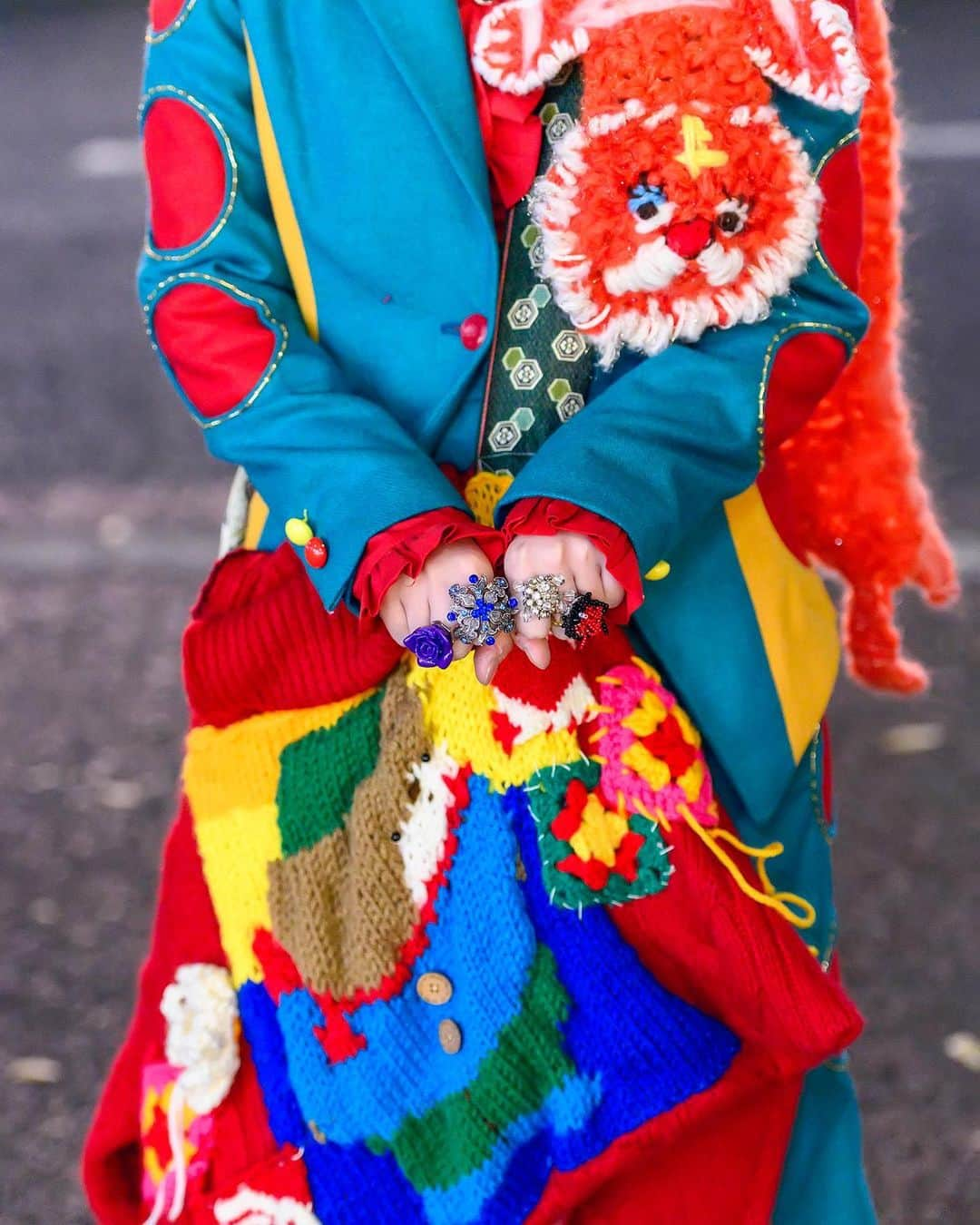 Harajuku Japanさんのインスタグラム写真 - (Harajuku JapanInstagram)「20-year-old Japanese fashion student Saki (@bamboo_blooms) on the street in Harajuku today wearing a handmade cutout suit with a hand knitted muffler (@hyoga_knitting), a hand knitted bag, face mask, vintage rings, Vivienne Westwood socks, and Dr. Martens boots.」11月15日 5時04分 - tokyofashion