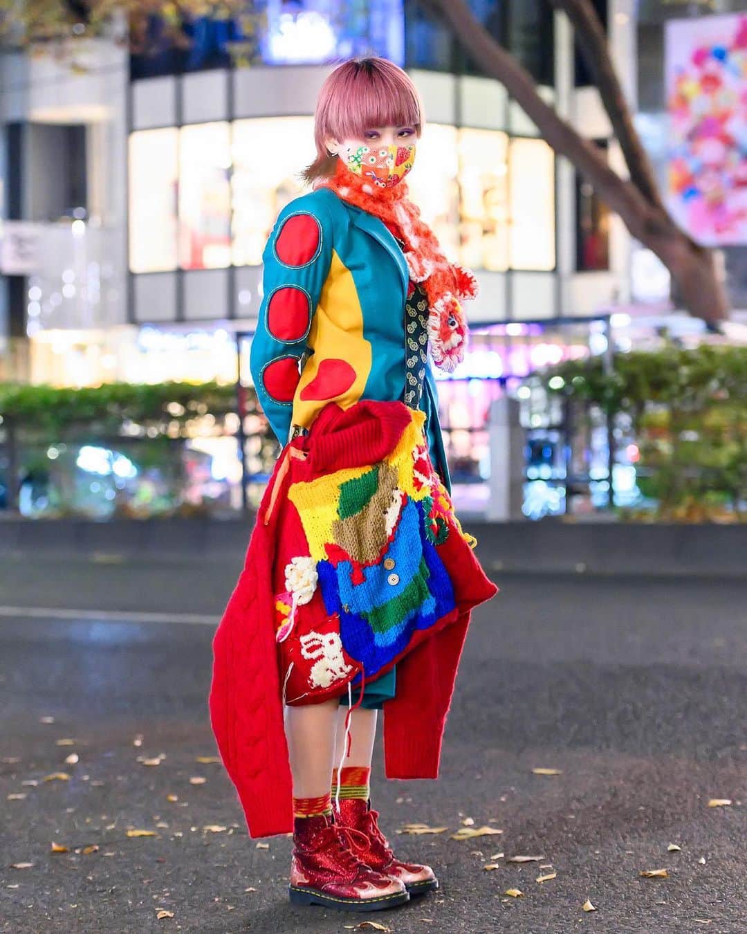 Harajuku Japanさんのインスタグラム写真 - (Harajuku JapanInstagram)「20-year-old Japanese fashion student Saki (@bamboo_blooms) on the street in Harajuku today wearing a handmade cutout suit with a hand knitted muffler (@hyoga_knitting), a hand knitted bag, face mask, vintage rings, Vivienne Westwood socks, and Dr. Martens boots.」11月15日 5時04分 - tokyofashion
