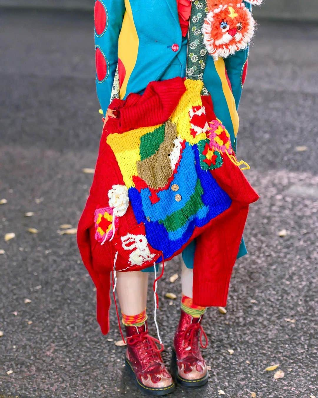 Harajuku Japanさんのインスタグラム写真 - (Harajuku JapanInstagram)「20-year-old Japanese fashion student Saki (@bamboo_blooms) on the street in Harajuku today wearing a handmade cutout suit with a hand knitted muffler (@hyoga_knitting), a hand knitted bag, face mask, vintage rings, Vivienne Westwood socks, and Dr. Martens boots.」11月15日 5時04分 - tokyofashion