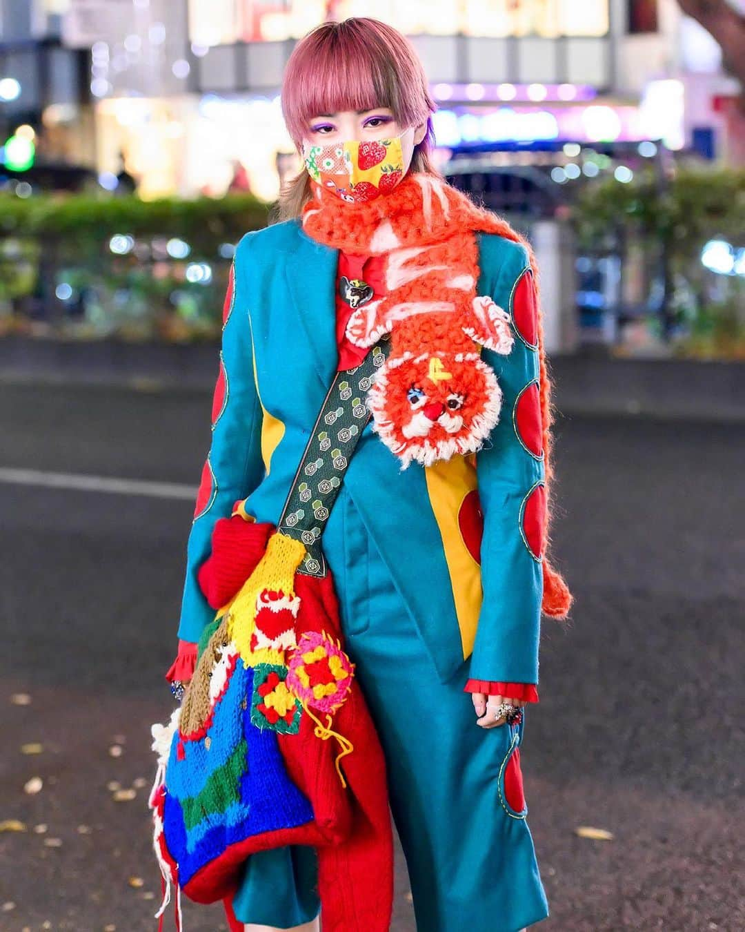 Harajuku Japanさんのインスタグラム写真 - (Harajuku JapanInstagram)「20-year-old Japanese fashion student Saki (@bamboo_blooms) on the street in Harajuku today wearing a handmade cutout suit with a hand knitted muffler (@hyoga_knitting), a hand knitted bag, face mask, vintage rings, Vivienne Westwood socks, and Dr. Martens boots.」11月15日 5時04分 - tokyofashion