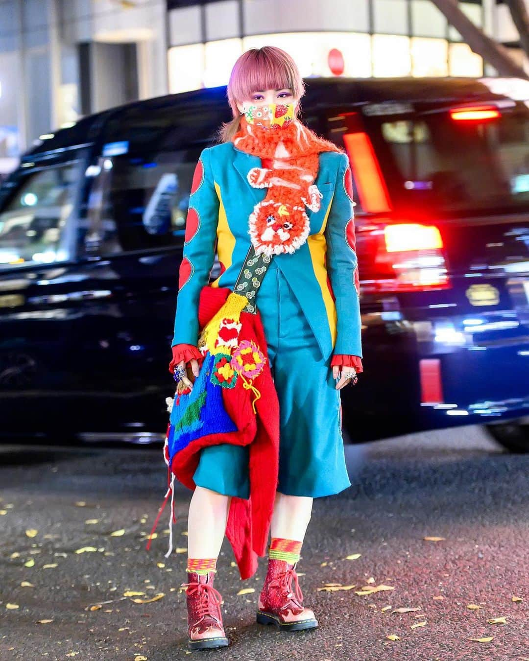 Harajuku Japanさんのインスタグラム写真 - (Harajuku JapanInstagram)「20-year-old Japanese fashion student Saki (@bamboo_blooms) on the street in Harajuku today wearing a handmade cutout suit with a hand knitted muffler (@hyoga_knitting), a hand knitted bag, face mask, vintage rings, Vivienne Westwood socks, and Dr. Martens boots.」11月15日 5時04分 - tokyofashion