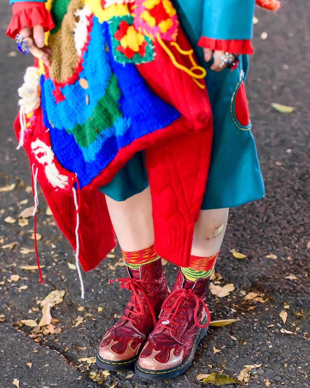 Harajuku Japanさんのインスタグラム写真 - (Harajuku JapanInstagram)「20-year-old Japanese fashion student Saki (@bamboo_blooms) on the street in Harajuku today wearing a handmade cutout suit with a hand knitted muffler (@hyoga_knitting), a hand knitted bag, face mask, vintage rings, Vivienne Westwood socks, and Dr. Martens boots.」11月15日 5時04分 - tokyofashion