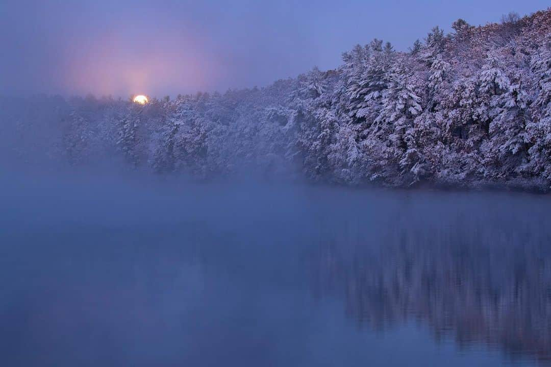 Tim Lamanさんのインスタグラム写真 - (Tim LamanInstagram)「Photo by @TimLaman.  Blue Moon setting over Walden Pond.  In case you didn’t know, a Blue Moon refers to the second full moon in one calendar month, and I photographed this one two weeks ago on Oct 31, just before sunrise as it set over the trees after our first snowfall.  Since the water in the pond was still well above freezing, lovely mist rose from it on this cold morning, creating a wonderful atmospheric shot.  - Let me know if you think I should add this new image to my Walden Pond Collection in my online gallery (link in bio). My holiday sale is on there right now.  Walden Pond is just five miles from where I live, and documenting nature there though the seasons has been a long term personal project.  Whats amazing is that even after many years of going there, I can still come across scenes that are completely different than I’ve ever seen before, like this one.  I find it inspirational.  Just as Henry David Thoreau did years ago, I guess. - #WaldenPond #HDT #NewEngland #BlueMoon #Moon #NewEngland #Concord #Massachusetts」11月15日 7時51分 - timlaman