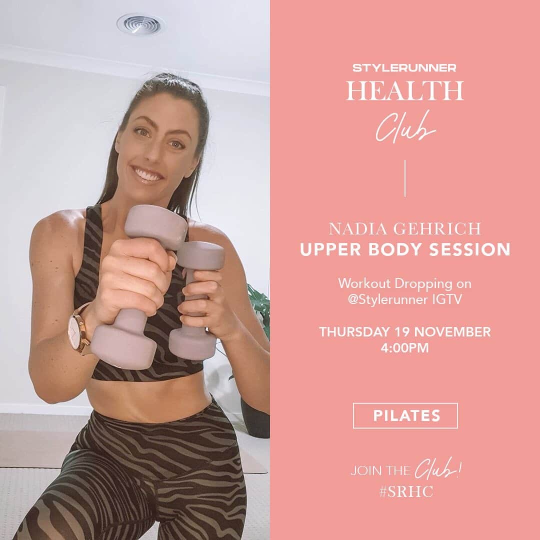 STYLERUNNERさんのインスタグラム写真 - (STYLERUNNERInstagram)「Up next at Stylerunner Health Club: All new classes you do not want to miss! We’ve curated classes for the mind, body and spirit to get you moving, keep you motivated and learn new skills!   TUESDAY 5:00pm aest get your sweat on with @madixbeck @pilatyays.withmadi as she takes you through a 30 minute Juicy Full Body Pilates workout  WEDNESDAY 2:00pm aest week four with @tiffhall_xo as she shares her favourite spring inspired dinners the whole family will enjoy - this week Spring Greens Minetsrone... Yum!   THURSDAY 4:00pm aest time to work your upper body! Join @nadiagehrich @pilates_republic_au @rise.Pilates for a 20 minute Upper Body session  FRIDAY 9:00am aest move your body with @fafi_stags_fit as she takes you through a sweaty Bodyweight Full Body Burner  SATURDAY 9:00am aest spice things up with @sculptbythesea as @nicclarkemitchell and @saschaolive take you through an Electric Express Pilates  #SRHC」11月15日 14時02分 - stylerunner
