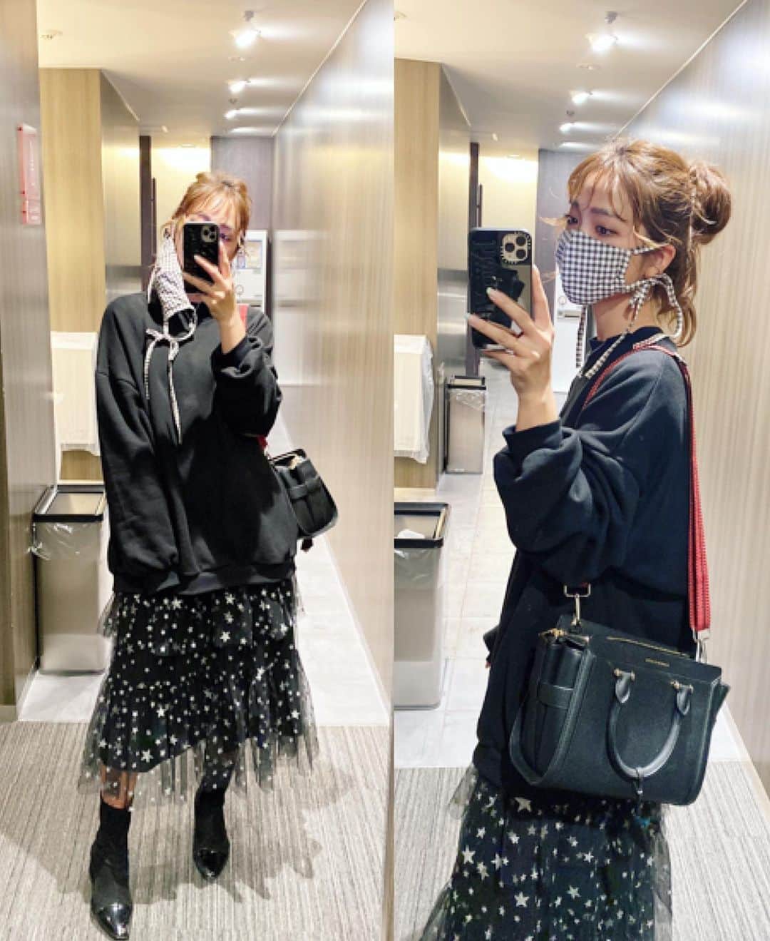 藤森マリナさんのインスタグラム写真 - (藤森マリナInstagram)「#まりなはんコーデ in Tokyo🗼 * * 新大久保でランチして スカイツリーを見て すみだ水族館🐠 そんな東京最終日のコーデ♡ * * 結婚式参列用に実は 2着パーティードレスをレンタルしてて 当日までどっち着るか 気温とか気分で決めてなくて☺️ * * 着なかった方は着替えて二次会か 東京でのナイトアウトにも 使えるなぁとか思ってたんやけど コロナのこともあり 二次会もなくなったので 次の日にカジュアルダウンして着た♥️ * * #オーバーサイズスウェット ▶︎ @rustal_official #星柄#パーティードレス ▶︎ @andyoudressingroom  #かばん ▶︎ @charleskeith_jp #マスク & #ファーバッグ ▶︎ @sahabyelliee * * このオーバーサイズスウェットが しぬほど着回せる😂👍🏻 毎日着てるくらい着てる 何にでも合いすぎてほんと最高 #シンプルイズベスト * * * #レンタルドレス#カジュアルダウン#カジュアルコーデ#東京観光#新大久保#新大久保グルメ#韓国料理#新大久保食べ歩き#新大久保コリアンタウン#コリアンタウン#スカイツリー#すみだ水族館#お団子アレンジ #charlesandkeith#andyoudressingroom#rustal#sahabyelliee#koreantown#kpop好きな人と繋がりたい」11月15日 16時03分 - maaarina0806