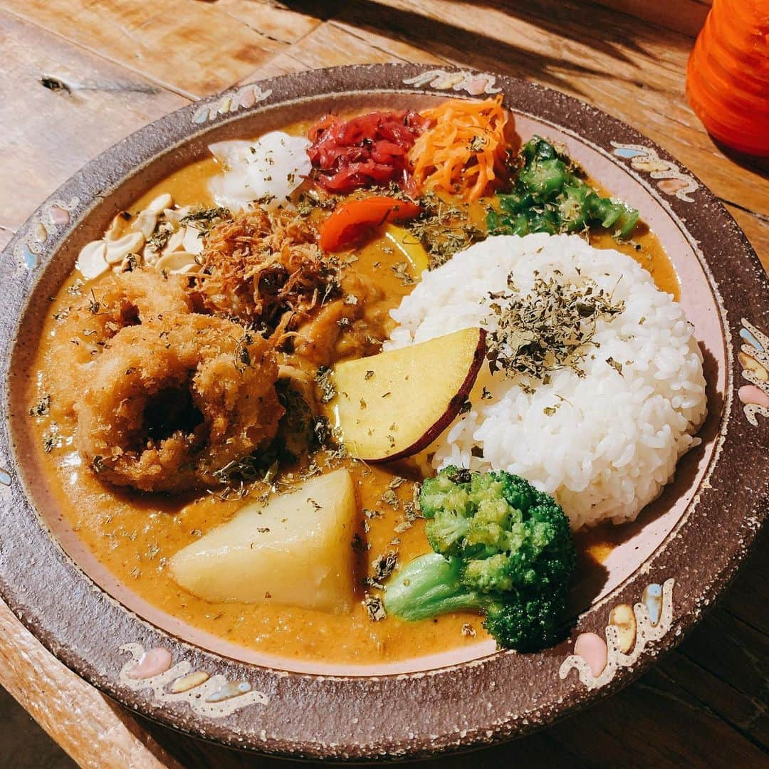 齋藤智奈美のインスタグラム：「__ 昨日は自炊する気力がなかったので カレー食べました🍛  トッピングはイカリング🦑  カレー食べれば口内炎も風邪も治るって信じてる。  ____ #カレー #スパイシーチキンカレー #下北沢 #下北沢グルメ #野菜いっぱい #イカリング」