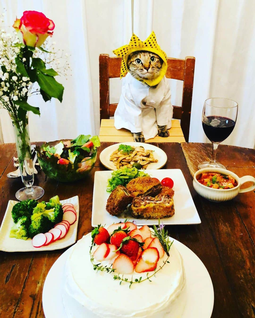 マロさんのインスタグラム写真 - (マロInstagram)「🎂Our family's birthday dinner🎂 ✴︎ .チーズ入りビーフカツ (Beef cutlet with cheese) .白いんげん豆とエリンギのソテー (Sautéed white beans and  king oyster mushroom) .ブロッコリーとアンチョビのソテー (Broccoli and anchovy saute) .ミネストローネ (minestrone) .ケーキ (cake) ✴︎ いつもコメントありがとうございます😺🙏💕 返信出来なくてすみません🙇‍♀️ 全て拝見しています🐾 ✴︎ Thank you for your kind comments😸🙏💕 I'm sorry that I couldn't reply. ✴︎ #cat#cats#catsofinstagram#😻 #food#wine#chef#cake#birthday #にゃんすたぐらむ#ねこ#猫#ねこ部 #料理#ワイン#花#ねこのいる生活  #斉藤和義#カーリングシトーンズ」11月15日 17時29分 - rinne172