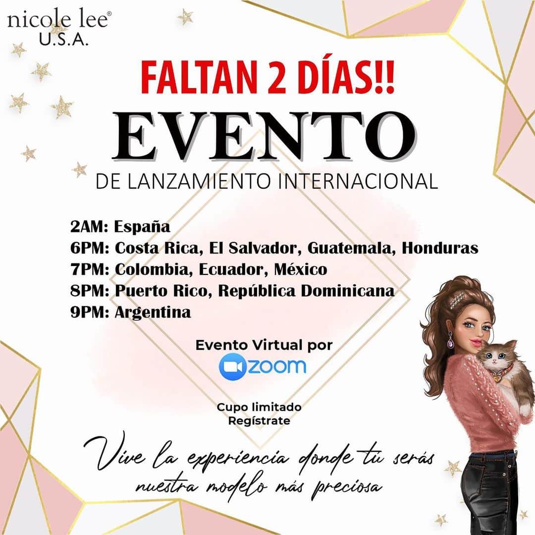 のインスタグラム：「FALTAN 2 DÍAS! NICOLE LEE USA 👜 tiene el gusto de invitarte a participar en el primer evento de Lanzamiento Internacional trasmitiendo en vivo desde Los Angeles, California simultáneamente para más de 30 países. Aprovecha esta oportunidad única 👏 para ver y escuchar a los directivos de NICOLE LEE USA 👜. No dejes pasar esta gran oportunidad. 👌 Fecha: Martes 17 de Noviembre Tipo de reunión: Virtual vía zoom 👩💻 Transmisión simultánea: 2am España 7 pm Costa Rica, Guatemala, Honduras, México 8 pm Colombia, Ecuador 9 pm Puerto Rico, Republica Dominicana 10pm Argentina  * Evento gratuito* * Cupo limitado* *Se les pide puntualidad para asistir ya que una vez iniciada la reunión no garantizamos el acceso a la misma.* Registro: Link en bio💕  #nllook #nicoleleeusa #nicoleleeespana #nicolelee #event #tiktok #reunion #zoom #lovemehatemeNL #potd #picoftheday #daily #instadaily #zoomevent」