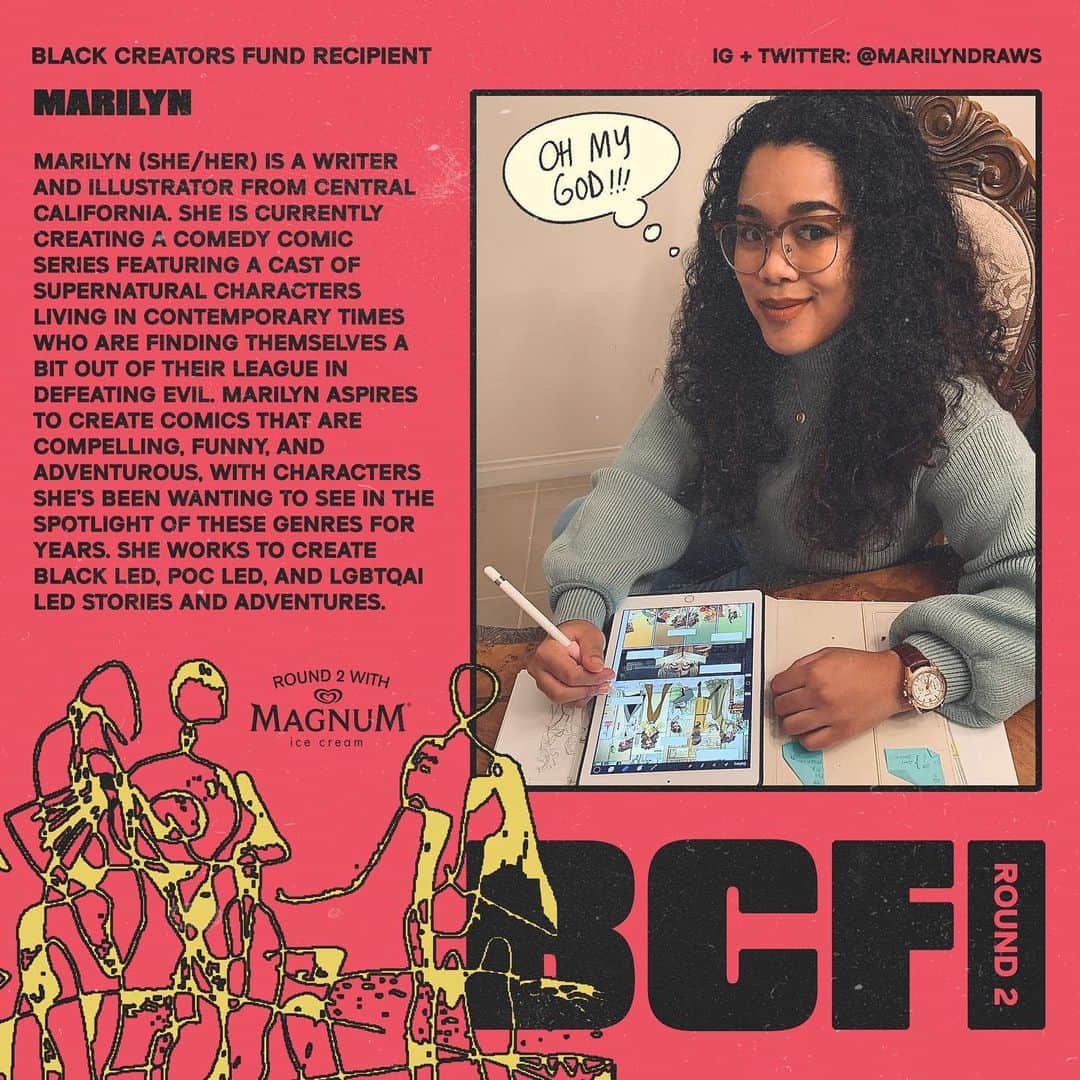Halseyのインスタグラム：「#BLACKCREATORSFUND Name: Marilyn Instagram: @marilyndraws   Marilyn (she/her) is a writer and illustrator from Central California. She is currently creating a comedy comic series featuring a cast of supernatural characters living in contemporary times who are finding themselves a bit out of their league in defeating evil. Marilyn aspires to create comics that are compelling, funny, and adventurous, with characters she’s been wanting to see in the spotlight of these genres for years. She works to create Black led, POC led, and LGBTQAI led stories and adventures.」