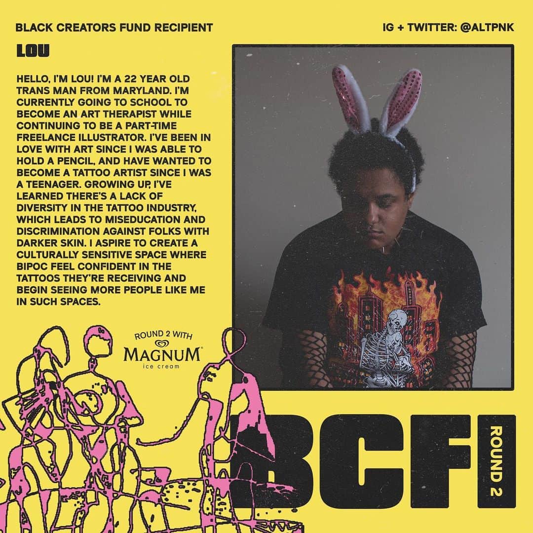 Halseyのインスタグラム：「#BLACKCREATORSFUND Name: Lou Instagram: @altpnk   Bio: Hello, I’m Lou!  I’m a 22 year old trans man from Maryland. I’m currently going to school to become an art therapist while continuing to be a part-time freelance illustrator. I’ve been in love with art since I was able to hold a pencil, and have wanted to become a tattoo artist since I was a teenager. Growing up, I’ve learned there’s a lack of diversity in the tattoo industry, which leads to miseducation and discrimination against folks with darker skin. I aspire to create a culturally sensitive space where BIPOC feel confident in the tattoos they’re receiving and begin seeing more people like me in such spaces.」