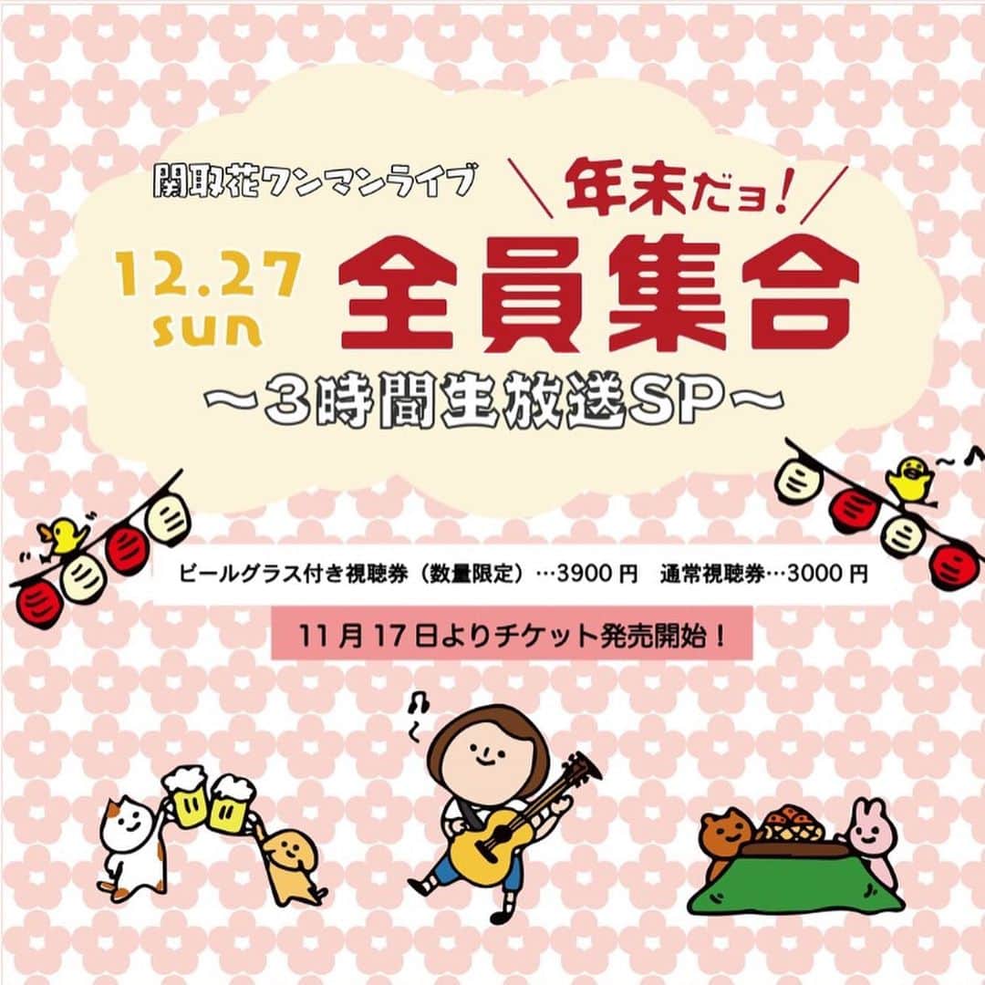 関取花のインスタグラム：「🏮今年は配信だぞ🏮  12/27（日）「年末だョ!全員集合〜3時間⽣放送SP〜」開催決定！  年末恒例、寄席で行うおしゃべり多めのバンド編成ライブ、今年は配信で開催😎✨  チケットは明日11/17(⽕)19時発売！ビールグラス付き限定チケット(数量限定)もあるよ🍺  詳細は @dosukoi87  のホームページにて！  #関取花」