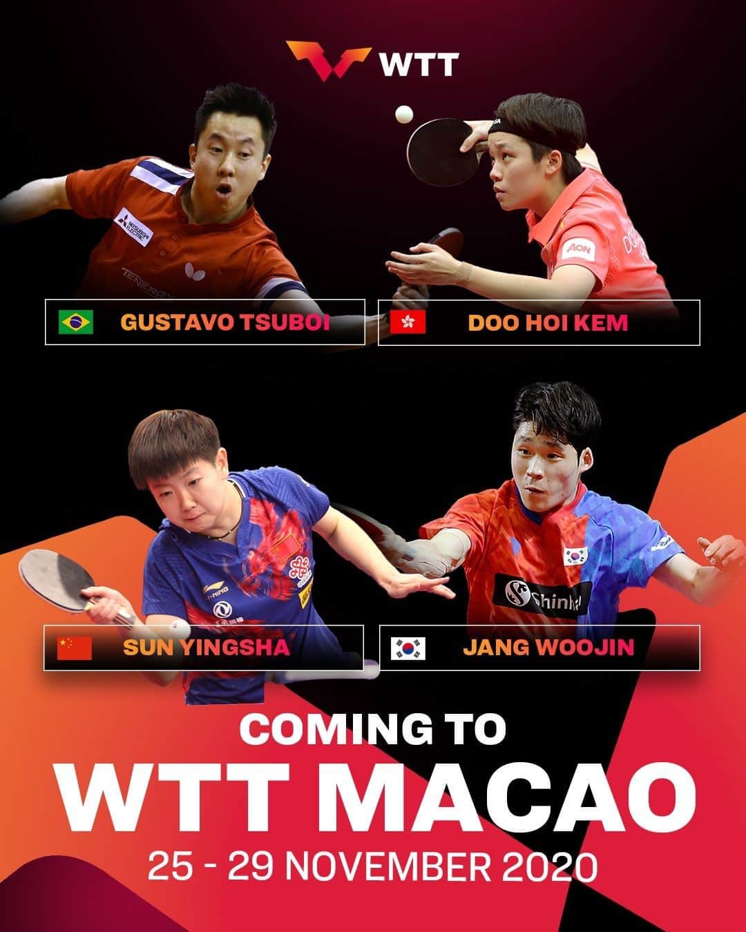 ITTF Worldさんのインスタグラム写真 - (ITTF WorldInstagram)「🇧🇷 Gustavo Tsuboi 🇭🇰 Doo Hoi Kem 🇨🇳 Sun Yingsha 🇰🇷 Jang Woojin  🔜 #WTTMacao 🏓🇲🇴」11月16日 20時00分 - wtt