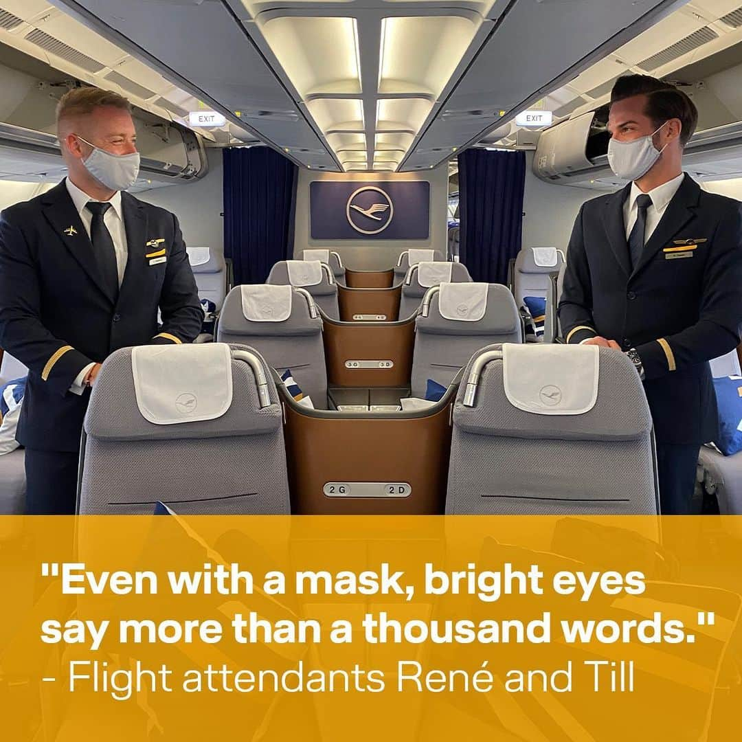 ルフトハンザさんのインスタグラム写真 - (ルフトハンザInstagram)「Safety is our top priority! “That's why we wear our mouth and nose cover at all time, keep our distance and kindly ask you to do the same,” explain our flight attendants René and Till. #WeCare」11月16日 20時00分 - lufthansa