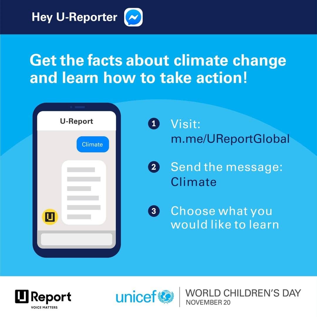 unicefさんのインスタグラム写真 - (unicefInstagram)「Want to make your voice heard about climate change? U-Report can help! This #WorldChildrensDay, UNICEF and U-Report show you how to set goals, rally support and take action. You might just change the world!   U-Report is a community of 12 million young people from 73 countries speaking out on issues important to them. Your voice matters! Join today through Facebook Messenger, WhatsApp or Viber.」11月16日 22時06分 - unicef
