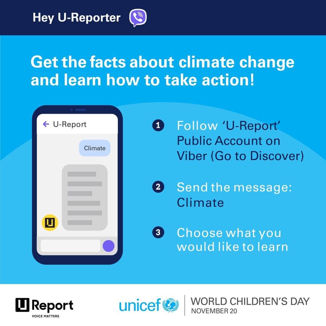 unicefさんのインスタグラム写真 - (unicefInstagram)「Want to make your voice heard about climate change? U-Report can help! This #WorldChildrensDay, UNICEF and U-Report show you how to set goals, rally support and take action. You might just change the world!   U-Report is a community of 12 million young people from 73 countries speaking out on issues important to them. Your voice matters! Join today through Facebook Messenger, WhatsApp or Viber.」11月16日 22時06分 - unicef