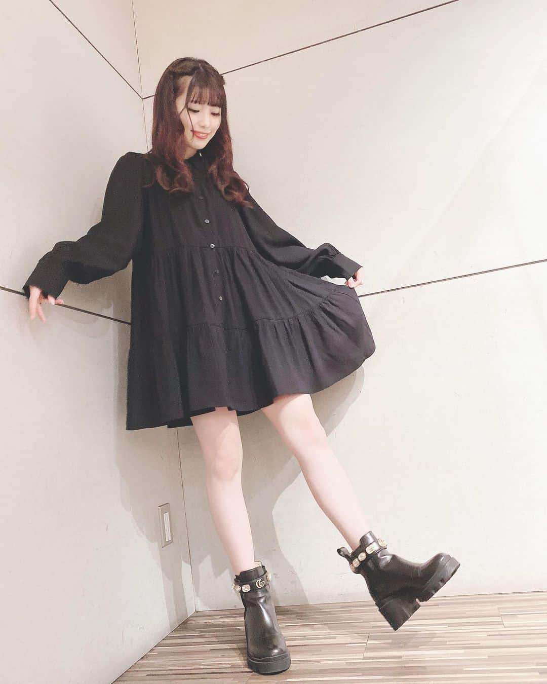 高橋みおのインスタグラム：「🖤﻿ ﻿  BLACK code...❤︎﻿ ﻿ ﻿ onepiece ﻿ @zara  boots﻿ @gucci  ﻿ ﻿ ﻿ ﻿#みおちんコーデ」