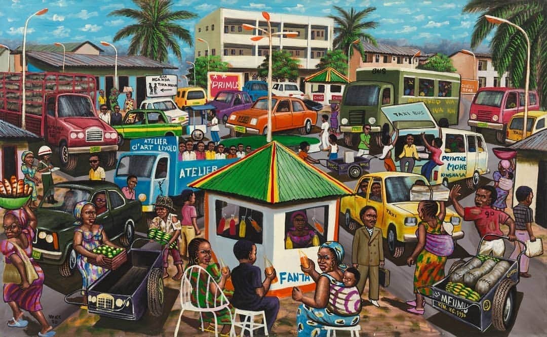 ニューヨーク近代美術館のインスタグラム：「Congolese painter #Moke captured the energy and vibrancy of Kinshasa city life in this 1980 painting.  "Kinshasa at Noon," new to the #MoMACollection and newly on view in our galleries, shows a bustling thoroughfare teeming with cars and people engaged in all sorts of daily activities—carting baskets of fruit, drinking sodas, and talking with friends.  Curator @smoothugochukwuc, artist Sammy Baloji, and anthropologist @boeckfilipde reflect on a generation of artists—including Moke, Chéri Samba, Maître Syms, and Bodys Isek Kingelez—who captured the modern city, from daily life and politics to music and La Sape style, in Congolese popular painting. Read more at the link in our bio.  Slow down and take a closer look at "Kinshasa at Noon" in our online workshop Slow Looking: Connecting to Self and Place on Nov. 17 & 19. See more in our Stories! #ArtfulPracticesforWellbeing」
