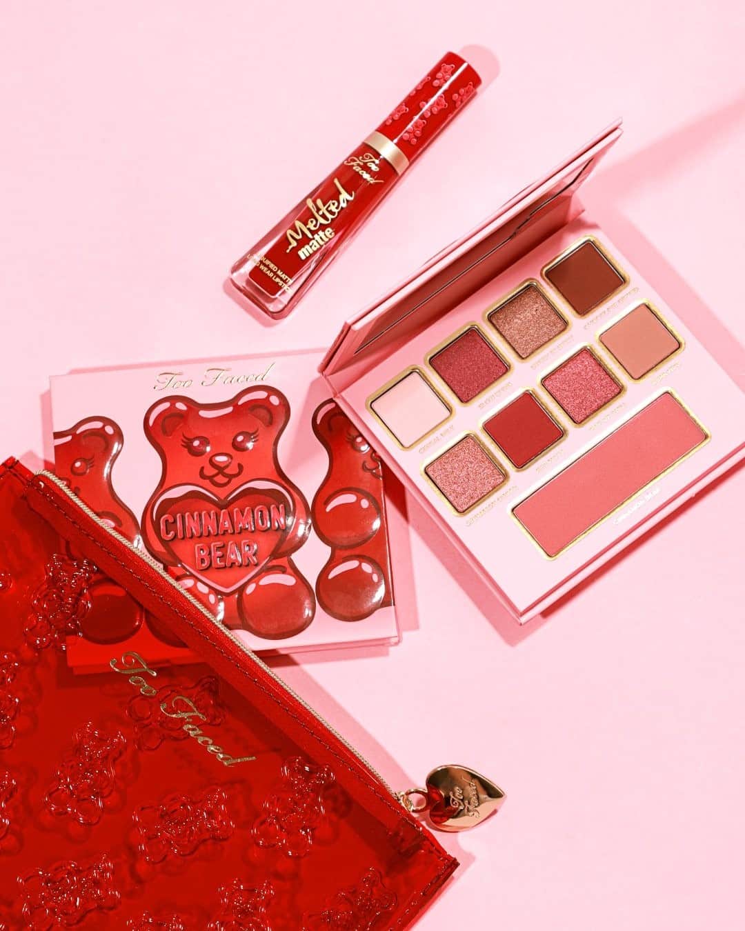 Too Facedのインスタグラム：「Start spreadin’ the news! Our red hot, cinnamon scented eye shadow palette and lipstick is waiting for you! 💖 This set is full of warm & wearable shades, plus a Melted Matte Lipstick, and a limited edition Cinnamon Bear makeup bag!! #toofaced」