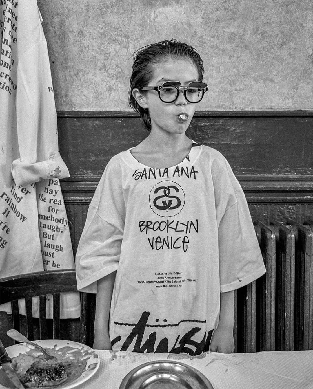 Stüssyのインスタグラム：「Stüssy World Tour Collection @takahiromiyashitathesoloist @tkhrthesoloistmyst   To celebrate their 40th anniversary, Stüssy has invited a group of designers to create on their canvas, the classic Stüssy World Tour t-shirt. Rick Owens, Martine Rose, Takahiro Miyashita, Marc Jacobs, and Virgil Abloh all represent different cities & communities that have inspired Stüssy. Each brings a different perspective, sensibility, and intention that juxtaposes with time tested Stüssy design language.  Stüssy will donate a portion of the net proceeds from each t-shirt to a charitable organization of the designer’s choosing.  The World Tour Collection will be available in Chapter Stores, Dover Street Market and stussy.com on Friday November 20th at 10am.」