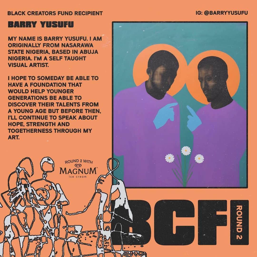 Halseyのインスタグラム：「#BLACKCREATORSFUND Name: Barry Yusufu IG: @barryyusufu  Bio: My name is Barry Yusufu, originally from Nasarawa State Nigeria, based in Abuja Nigeria. I'm a self taught visual Artist.  I hope to someday be able to have a foundation that would help younger generations be able to discover their talents from a young age but before then, I'll continue to speak about hope, strength and togetherness through my Art.  The selected painting is titled: Make Thy Brother.」