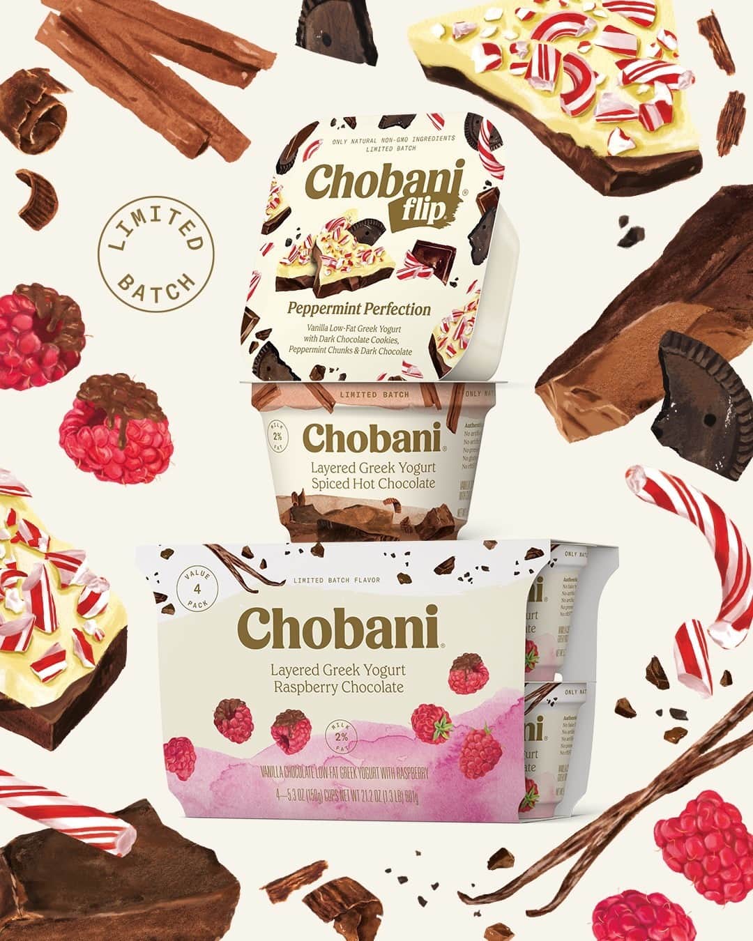 Chobaniのインスタグラム：「Our new limited batch treats taste so nice and toasty—even right out of the fridge 🤗 Give a warm welcome to Spiced Hot Chocolate Layered Greek Yogurt and Raspberry Chocolate Layered Greek Yogurt—and "hello again" to Flip Peppermint Perfection. Which one are you excited to try?」