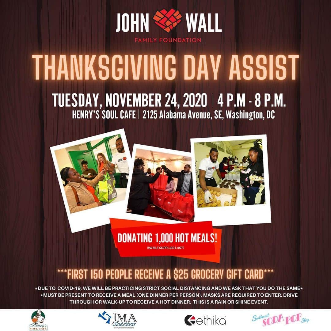 ジョン・ウォールのインスタグラム：「🚨 ATTN 🚨 I’m donating 1,000 hot meals from @henryssoulcafe on Tuesday, November 24th from 4pm - 8pm! First 150 families will receive a $25 grocery gift card! Thank you to our sponsors @jmasolutionsdc @swsodapopshop @ethika & @henryssoulcafe! SPREAD THE WORD, TAG A FRIEND! #JWFF @jwfamilyfoundation」
