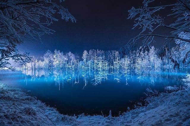 のインスタグラム：「An awe-inspiring ultramarine lake in the always-beautiful Hokkaido. #WorldlyNovember  息を飲むほど美しい冬の #青い池 ❄️ 群青色の池に吸い込まれそうです✨ . . Photo by @hazuki.h.photography Post your memories with #FlyJAL  #JapanAirlines #japan #hokkaido #naturegeography」