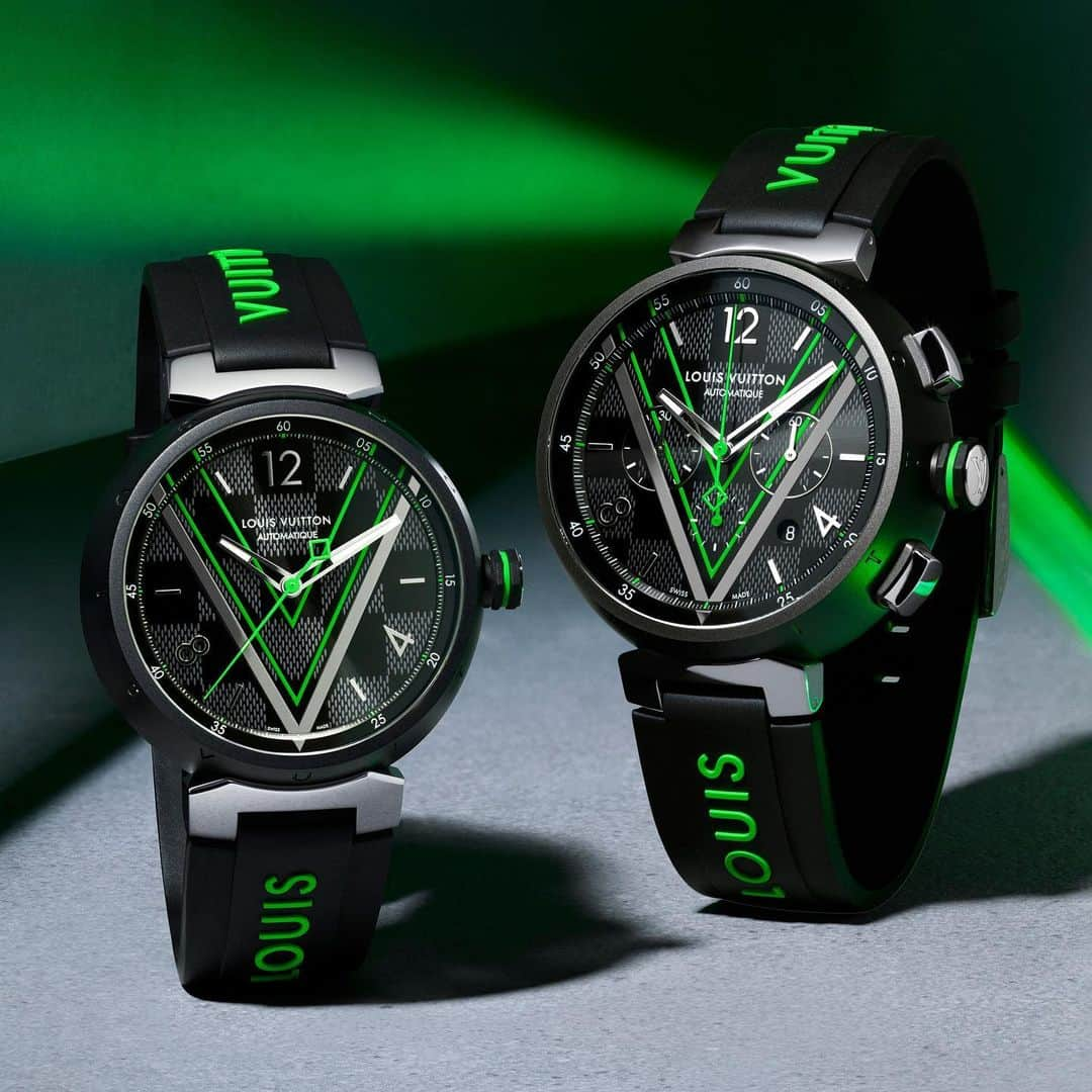 HYPEBEASTさんのインスタグラム写真 - (HYPEBEASTInstagram)「@hypebeaststyle: @louisvuitton has unveiled a new Tambour watch that draws direct influence from @virgilabloh's bold menswear designs. Featuring a graphite-hued PVD-coated steel case and smoked grey sapphire glass caseback, sporty touches come through on the fluorescent-accented black strap, while more bright green hits appear on the Graphite Damier pattern and “V” on the dial. It’s available now as a 41.5 mm diameter automatic and 46 mm diameter chronograph on Louis Vuitton’s website for prices beginning at $5,750 USD.⁠⠀ Photo: Louis Vuitton」11月17日 17時36分 - hypebeast