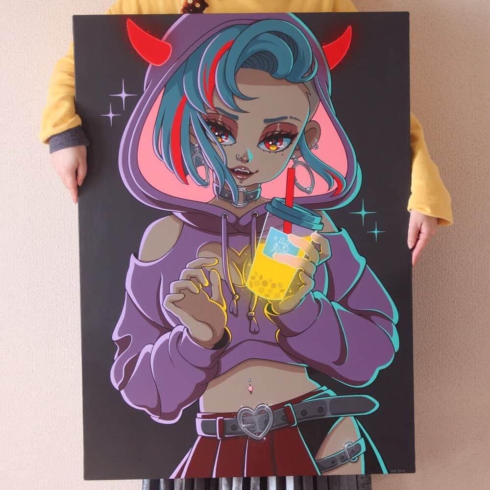 木野下円のインスタグラム：「Completion! 🎊☺️🍹 Acrylic paint on Canvas “Drink” YouTube >> https://youtu.be/ySAbTK-p4zk」
