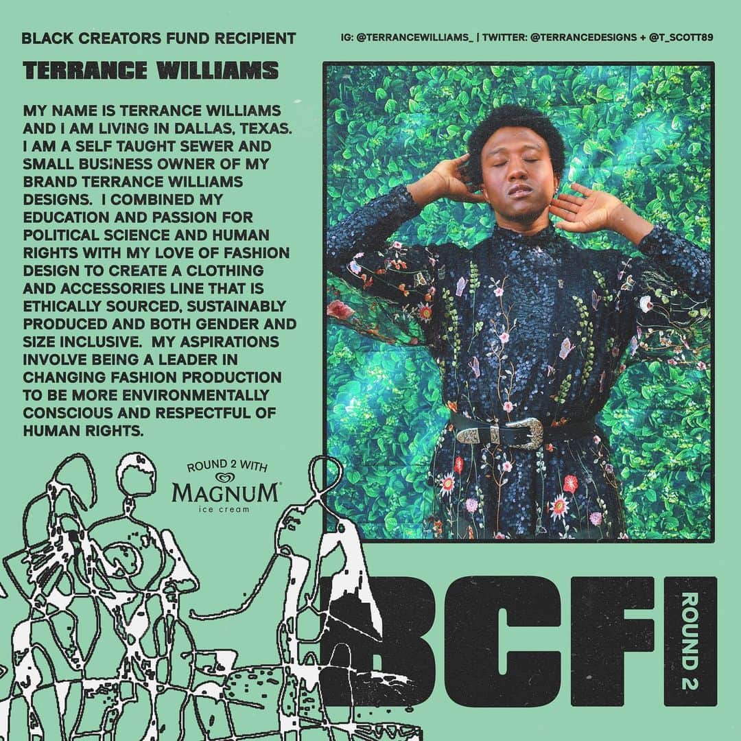 Halseyのインスタグラム：「#BLACKCREATORSFUND Name: Terrance Williams  IG: @terrancewilliams_  Website: www.terrancewilliamsdesigns.com  My Name Is Terrance Williams and I am living in Dallas, Texas.  I am a self taught sewer and small business owner of my brand Terrance Williams Designs.  I combined my education and passion for Political Science and human rights with my love of fashion design to create a clothing and accessories line that is ethically sourced, sustainably produced and both gender and size inclusive.  My aspirations involve being a leader in changing fashion production to be more environmentally conscious and respectful of human rights.」