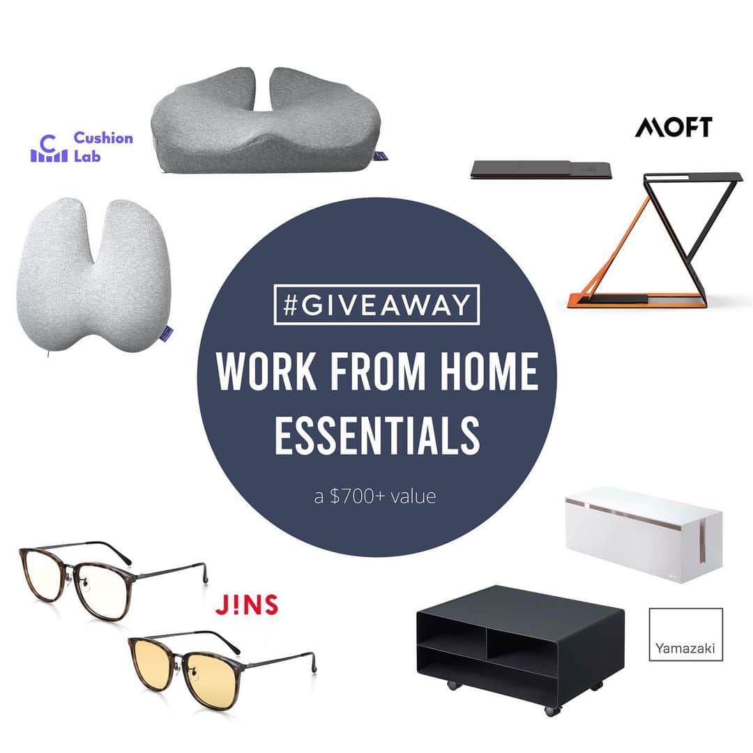JINSのインスタグラム：「WORK FROM HOME #GIVEAWAY: We’ve teamed up with our brand friends to help make your WFH life much easier. ➡️ Enter now to win an ultimate collection of #WFH essentials (a $700+ value!): - 1 @jinseyewear Blue Light Glasses for Everyday Use (any frame, Rx or Non-Rx) - 1 @jinseyewear Blue Light Glasses for Night Use (any frame, Rx or Non-Rx) - 1 @yamazakihome Printer Stand + 1 Cable Management Box - 1 @moft.us Z 5-in-1 Sit-Stand Desk - 1 @thecushionlab Back Relief Lumbar Pillow + 1 Pressure Relief Seat Cushion  To enter, follow this one easy step: ☑️ Click our #Linkinbio or go to jins.life/wfhgiveaway to enter your email address into the entry form on our giveaway page  *BONUS ENTRIES* (you’ll see these options appear after you enter on the webpage!) - FOLLOW Brand Partners: @jinseyewear @yamazakihome @thecushionlab @moft.us - LIKE the Official Giveaway Posts (this post) on any of the Brand Partners’ social accounts - REFER your working friends via social media or email  All entries must be submitted by December 31st, 2020 at 11:59pm PST. One grand prize winner will be randomly selected and announced on Friday, 1/8. . . . . U.S. only. Must be 18 years or older to enter. No purchase necessary. Giveaway is not affiliated with Instagram or Facebook. Giveaway will be closed on 12/31/2020 11:59pm PST. For full rules: jins.life/wfhgiveawayrules」