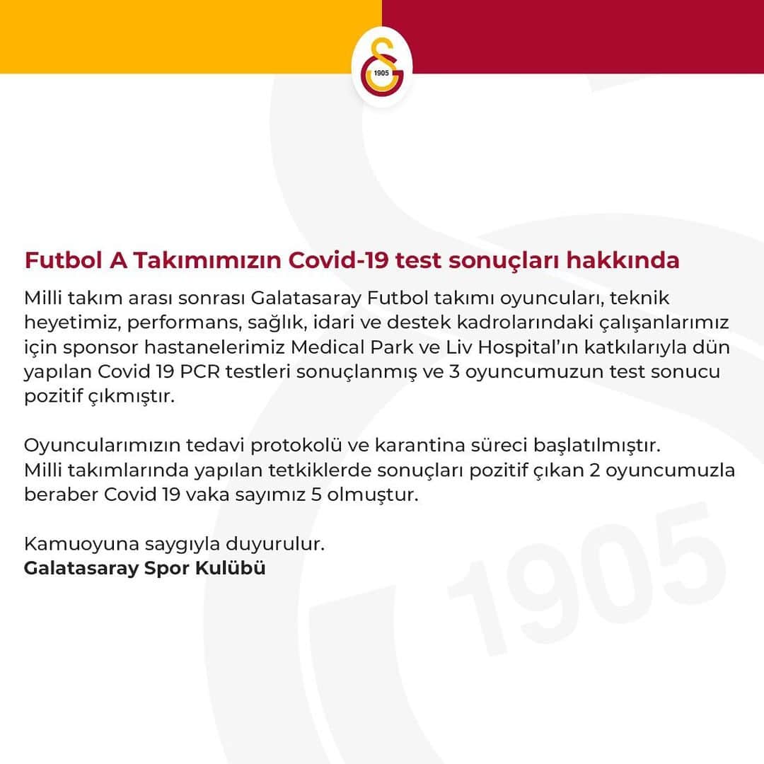 ガラタサライSKさんのインスタグラム写真 - (ガラタサライSKInstagram)「Futbol A Takımımızın Covid-19 test sonuçları hakkında」11月17日 15時50分 - galatasaray