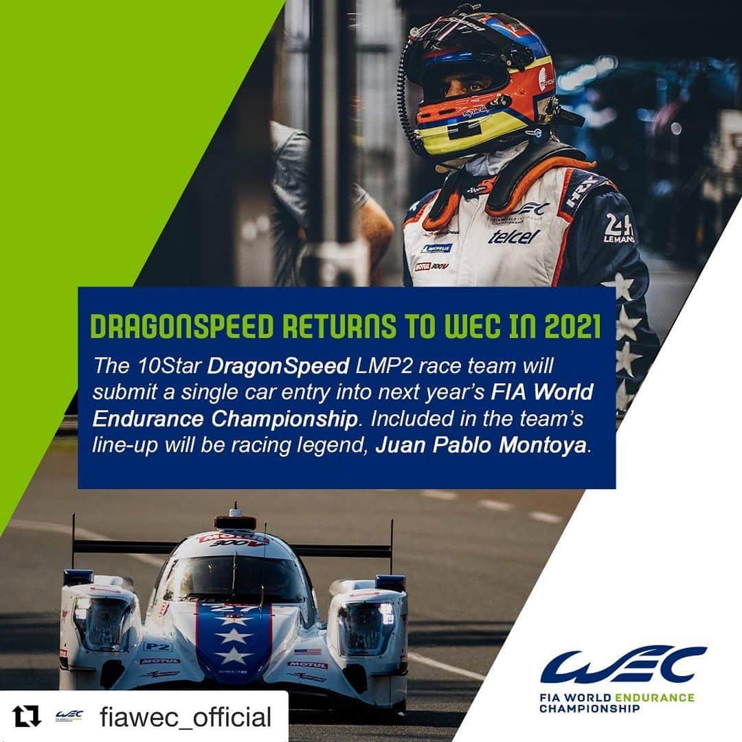 ファン・パブロ・モントーヤのインスタグラム：「Very excited to be joining @dragonspeed_official for the 2021 WEC season. Can’t wait to go to all this cool tracks.」