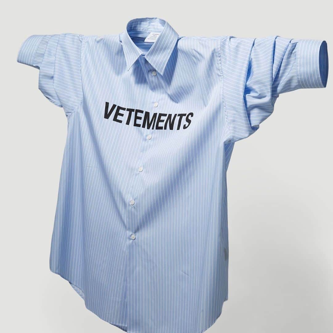 エルエヌシーシーのインスタグラム：「Hands up who wants new season Vetements? The latest pieces from the ever-playful Zurich-based collective are available now, including this Logo Pinstriped Shirt. @vetements_official」