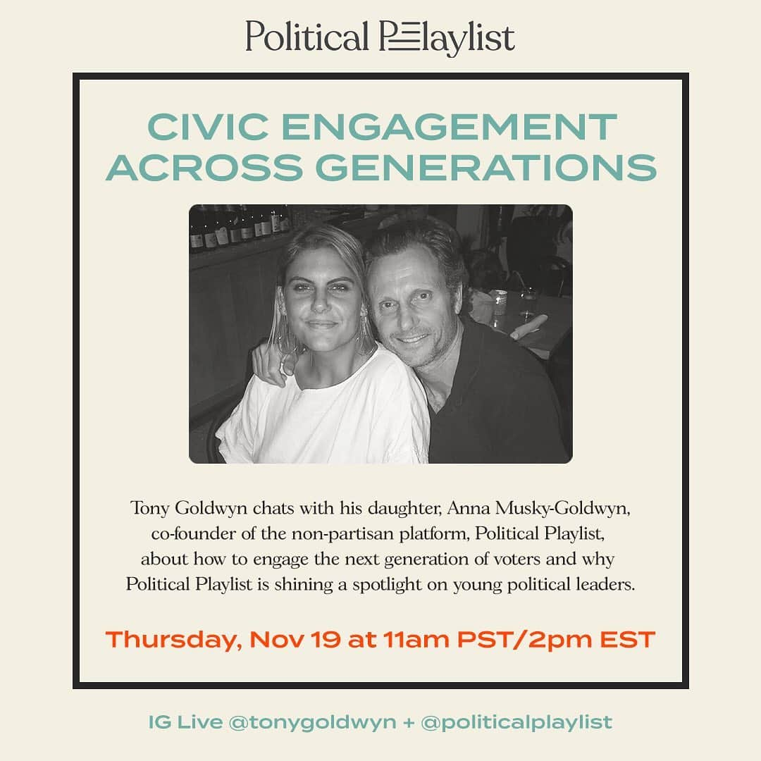 トニー・ゴールドウィンのインスタグラム：「My daughter Anna just launched an informative, customized, nonpartisan platform @politicalplaylist to help engage voters and bring attention to the next generation of political leaders. I’ll be chatting with her on Thursday at 11 am PT / 2 pm ET to learn more about the platform and their mission. Join us!」