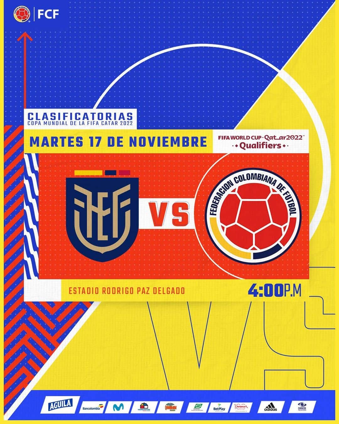 サッカー コロンビア代表チームのインスタグラム：「¡Volvemos a la cancha! 💪  Hoy jugamos nuestro cuarto partido en el camino a la Copa Mundial de la FIFA Catar 2022 🇶🇦  🆚 🇪🇨 @latriecu  🏆 Clasificatorias Copa Mundial de la FIFA 🕡 4:00 p.m. 🏟Rodrigo Paz Delgado 📺 @golcaracol   #VamosColombia🇨🇴」