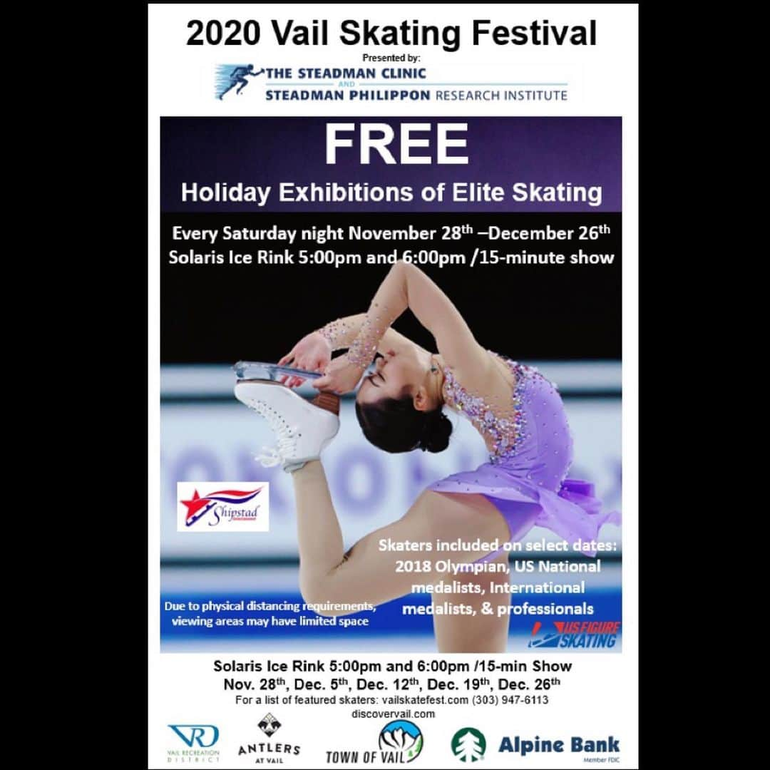 アレクシ・ギレスのインスタグラム：「Hey everyone, some fun news! I’ll be performing in a few holiday shows in Vail at the outdoor Solaris Rink with Shipstad Entertainment!!! I’ll be performing Saturday Nov. 28th and Dec.19th, with 2 free shows at 5 & 6 pm!! So if you’re in Colorado or planning on a safe ski trip come check it out. There will be lots of fabulous skaters and performers too!⛸❤️  @shipstad_entertainment @solaris_residences  * * * #vail #vailcolorado #vailvillage #solarisvail #iceskating #iceshow #iceskatingshow #figureskating #figureskatingshow #figureskate #shipstadentertainment #townofvail #steadmanclinic #shows」