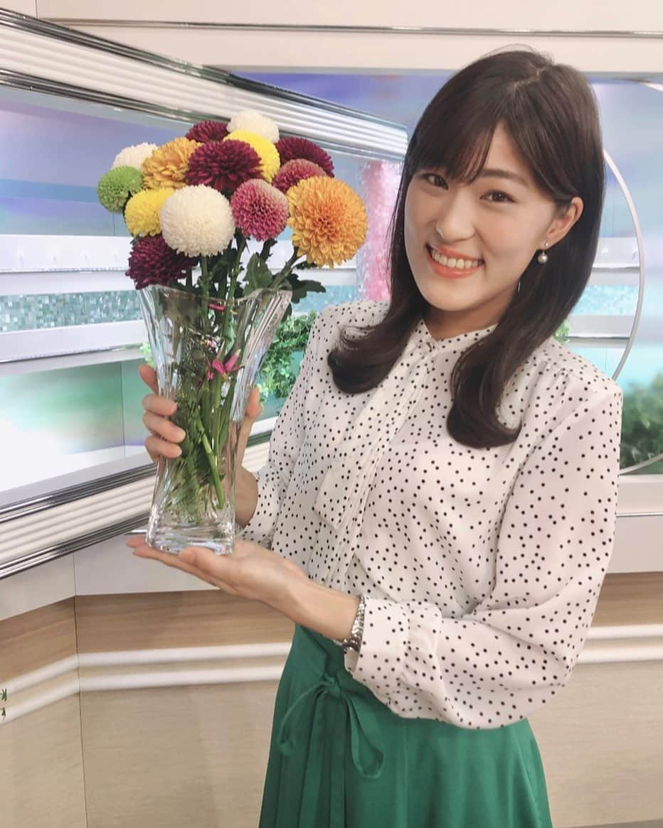 竹内里奈さんのインスタグラム写真 - (竹内里奈Instagram)「スタジオに綺麗なお花が💐✨ 洋風の菊で、 通称ポンポン菊というそう❣️ ポンポンしててかわいい😳 ・ ・ ・ 衣装はドッドのブラウスです👗 ・ #チバテレ #ニュースキャスター #スタジオ #ポンポン #ポンポン菊 #花 #花瓶 #女子アナ #女子アナコーデ #衣装提供  #衣装 #洋服好き #フリーアナウンサー #アナウンサー #竹内里奈」11月17日 23時08分 - rina.takeuch