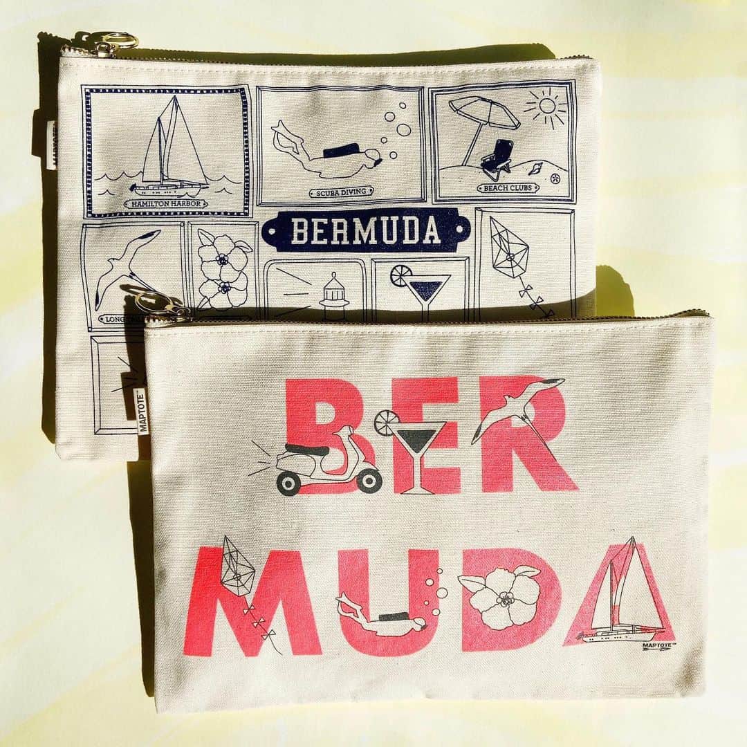 マップトートのインスタグラム：「Dreaming of the Bermuda beaches! Check out this collection of #Bermuda souvenirs we've been working on for @luxurygiftsbermuda. This collection includes flat pouches, totes and mugs in both our Frames and Font designs...we loved getting to draw this design! It was a nice mental vacay! 🌴⛵🐠⁠⠀ .⁠⠀ .⁠⠀ .⁠⠀ #CustomMaptote #Bermuda #BermudaResort」