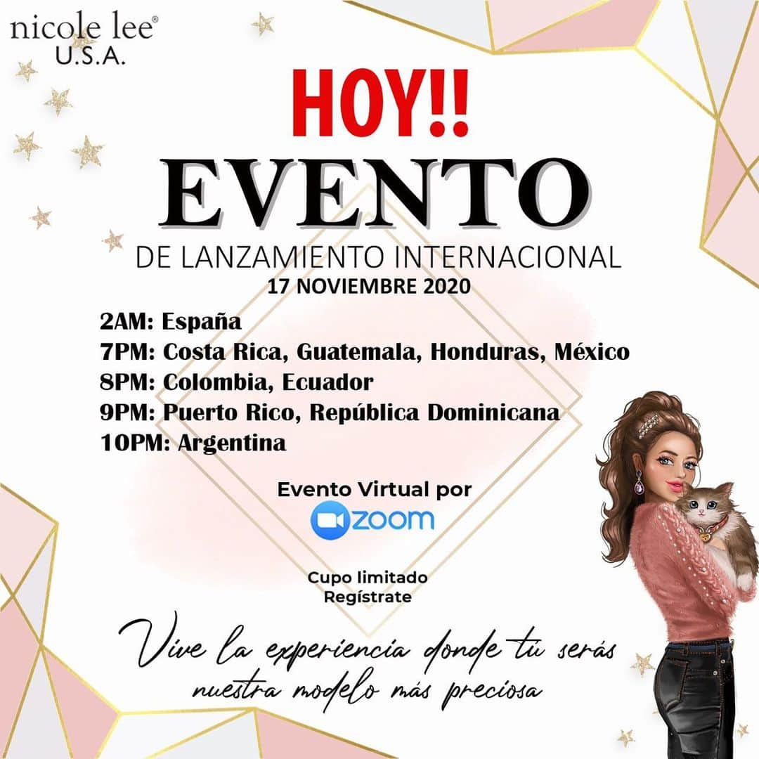 のインスタグラム：「HOY ES EL EVENTO! NICOLE LEE USA 👜 tiene el gusto de invitarte a participar en el primer evento de Lanzamiento Internacional trasmitiendo en vivo desde Los Angeles, California simultáneamente para más de 30 países. Aprovecha esta oportunidad única 👏 para ver y escuchar a los directivos de NICOLE LEE USA 👜. No dejes pasar esta gran oportunidad. 👌 Fecha: Martes 17 de Noviembre Tipo de reunión: Virtual vía zoom 👩💻 Transmisión simultánea: 2am España 7 pm Costa Rica, Guatemala, Honduras, México 8 pm Colombia, Ecuador 9 pm Puerto Rico, Republica Dominicana 10pm Argentina  * Evento gratuito* * Cupo limitado* *Se les pide puntualidad para asistir ya que una vez iniciada la reunión no garantizamos el acceso a la misma.* Regístrate con el link de nuestro perfil de instagram  Para acceder al zoom: Meeting ID: 820 1706 2854 Passcode: 785099  #nllook #nicoleleeusa #nicoleleeespana #nicolelee #event #tiktok #reunion #zoom #lovemehatemeNL #potd #picoftheday #daily #instadaily #zoomevent」