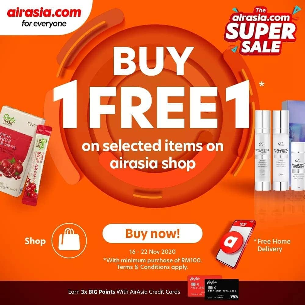 エアアジアさんのインスタグラム写真 - (エアアジアInstagram)「⚡️ @airasiashop special⚡️  Shopping for AUTHENTIC yet AFFORDABLE duty-free and travel retail has never been easier! Unleash the shopaholic self in you even at the comfort of your homes! Just head over to our bio and avail our Buy 1, Free 1 items until 22 Nov! 📦👌  And btw, we’re having a LIVE special later at 7 PM with @reemshahwa!  Stay tuned to our Facebook page cause we’re giving away exclusive promo codes and FREE cash vouchers– available for redemption only till midnight!  #airasiaForEveryone」11月18日 13時06分 - airasiasuperapp