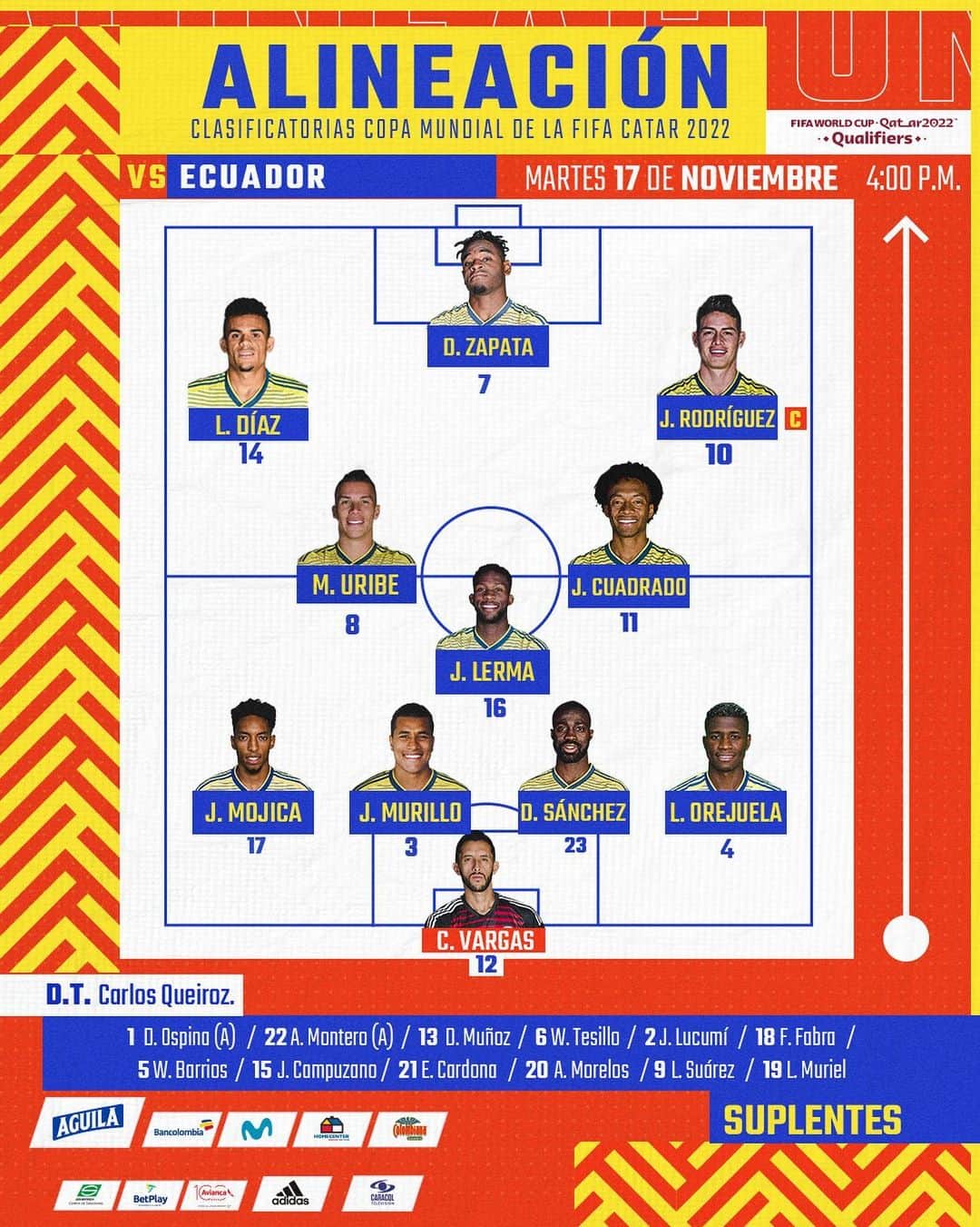 サッカー コロンビア代表チームのインスタグラム：「🚨 ¡ATENCIÓN! estos son los 11 titulares que se enfrentarán a @latriecu   ¡Vamos EQUIPO!  #VamosColombia 🇨🇴 #ECUCOL」