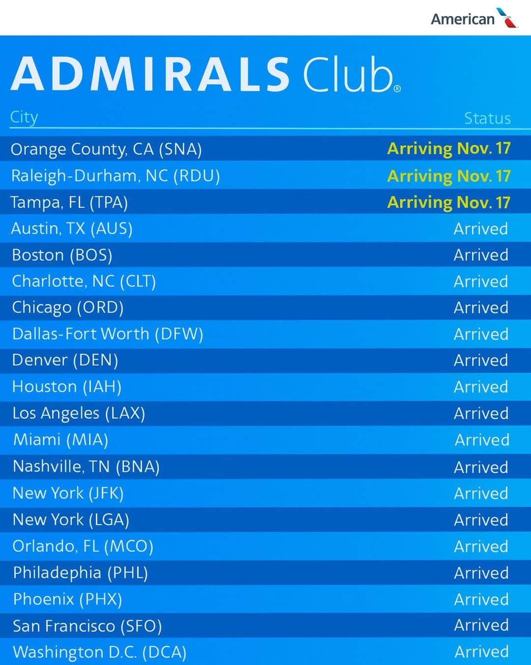 アメリカン航空のインスタグラム：「Now arriving: more Admirals Clubs reopening. Not a member? Treat yourself with a day pass or become a member. Click the Admirals Club link in bio.」