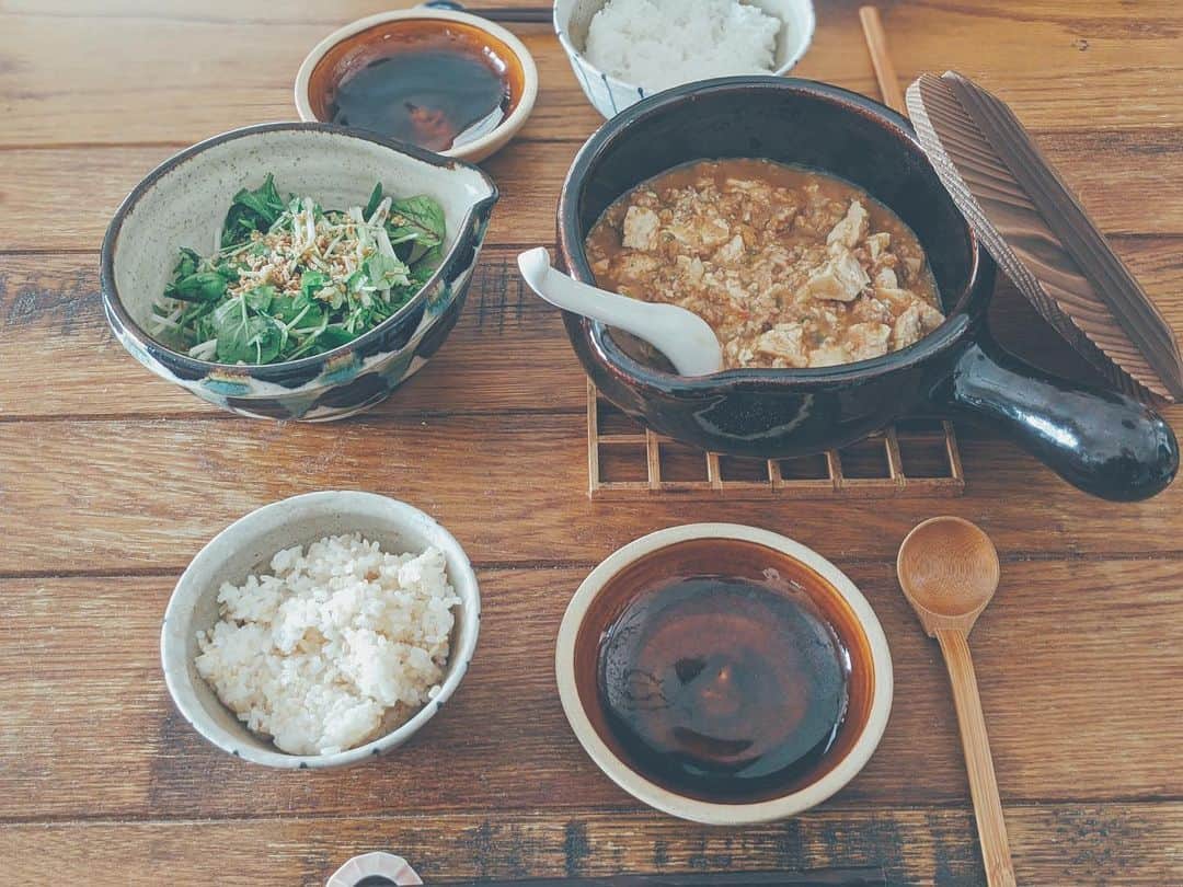 藤田敦子のインスタグラム：「ㅤ 【#blendakitchen 】 Lunch dayo~~ ㅤ またまたこの日も @alishanorganic の#アリサンVチャレンジ 👍 ㅤ #NoMeatNovember てことで、 家では極力meat🥩だけでなくfish🐟も減らしつつ。 ㅤ 今回は、今まで作った中でダントツ美味しかったかも？な vegan麻婆豆腐にチャレンジしてみました。 ㅤ 豆豉や花椒を入れてみたら本格的な味に。 オイスターソースの代わりに味噌でコク出しして 初チャレンジのvegan麻婆豆腐は めちゃくちゃ美味しかった❤️ 品数少ないけど大満足🤤」