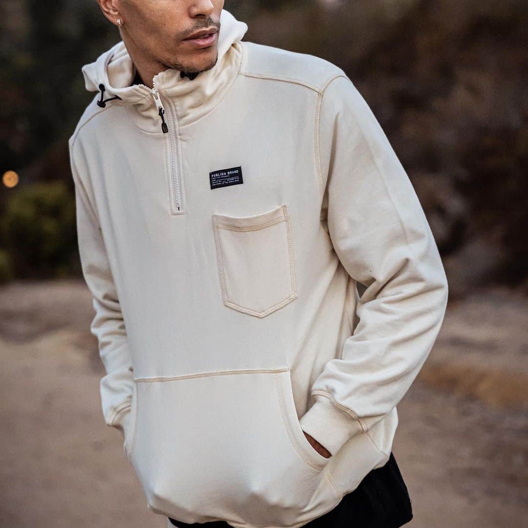 パブリッシュブランドのインスタグラム：「Calling - French terry mock neck zip hoodie pullover, elastic drawcords with a stopper at hood, and waist and chest patch pocket with topstitching. . . . . #publishbrand #todayfortomorow #goodvibrations」