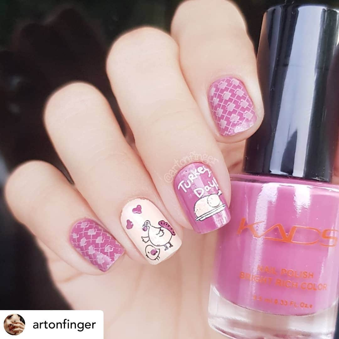 Nail Designsさんのインスタグラム写真 - (Nail DesignsInstagram)「Credit • @artonfinger Turkey Day  My entry for #nailartpromotechallenge and #dnchallengenovember #turkey   Thanks to this beautiful 2in1 polish from @kadsnailart #kads #kadsnailart.  The polish can be used for painting as well as stamping. But I prefer the rich color for painting more. I 🥰🥰  Check out this great item from www.kadsnailart.com using my discount code KADST0E3D   #artonfinger #nailitdaily #stampingnailart #advancedstamping #reversestamping #pink #pinknails #thanksgivingday #thanksgiving #thanks #cutenails #beautynails #nailspafeature #pattern #nailsmagazine #nailartpromote」11月18日 11時12分 - nailartfeature